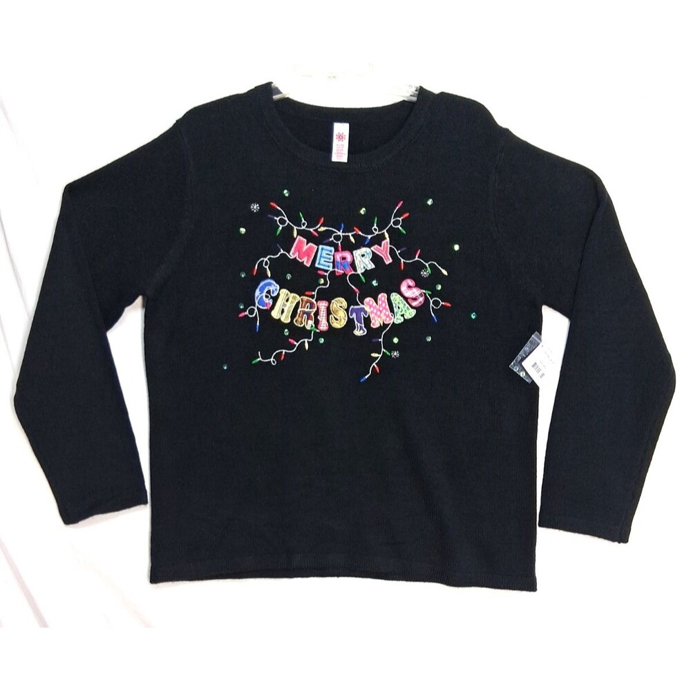 New Holiday Time Merry Christmas Sweater Womens XL Winter Workwear Party Black